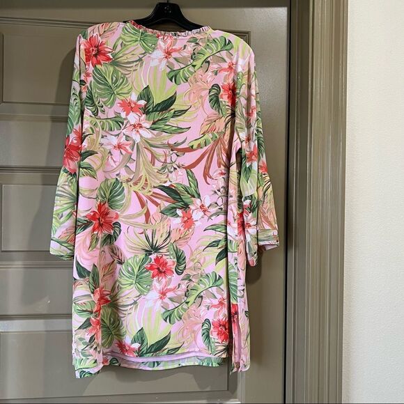 J.Jill Pink Green Tropical Floral Tunic Top Spring Summer Blouse Size L - Picture 6 of 9